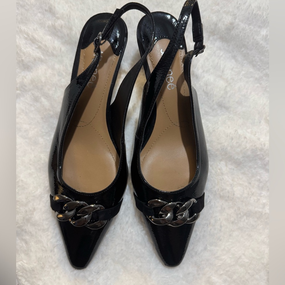 J.Renee Black Patent Slingback Heels with Chain Detail